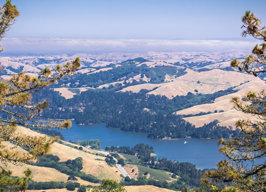 San Pablo reservoir surrounded by golden hills, Contra Costa county, San Francisco bay, California