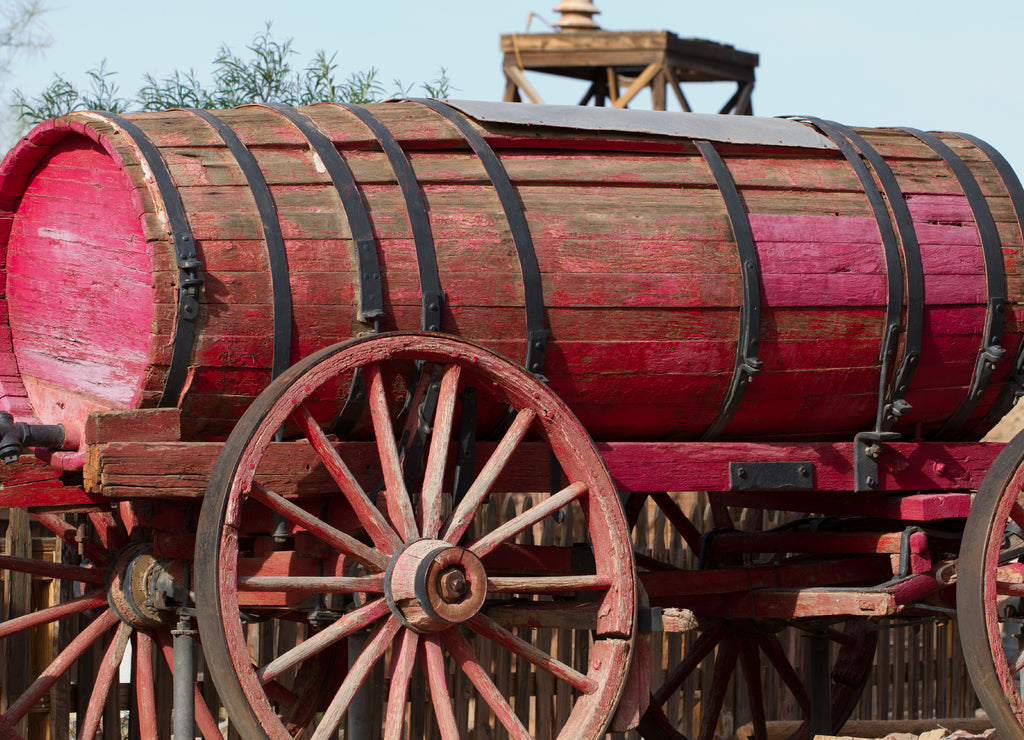 Vintage red fire wagon in Calico Ghost Town, owned by San Bernardino County, California