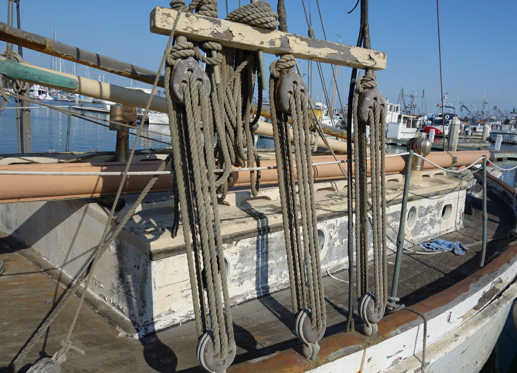 Wooden pulley and ropes mechanical tackle assembly, Oxnard marina, Ventura county, California