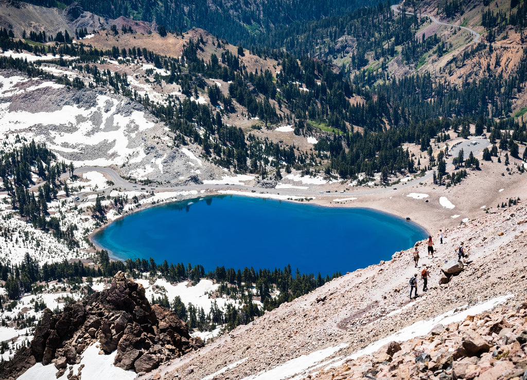Aerial view of Lake Helen as seen from the trail to Lassen Peak; Lassen Volcanic National Park, Northern California