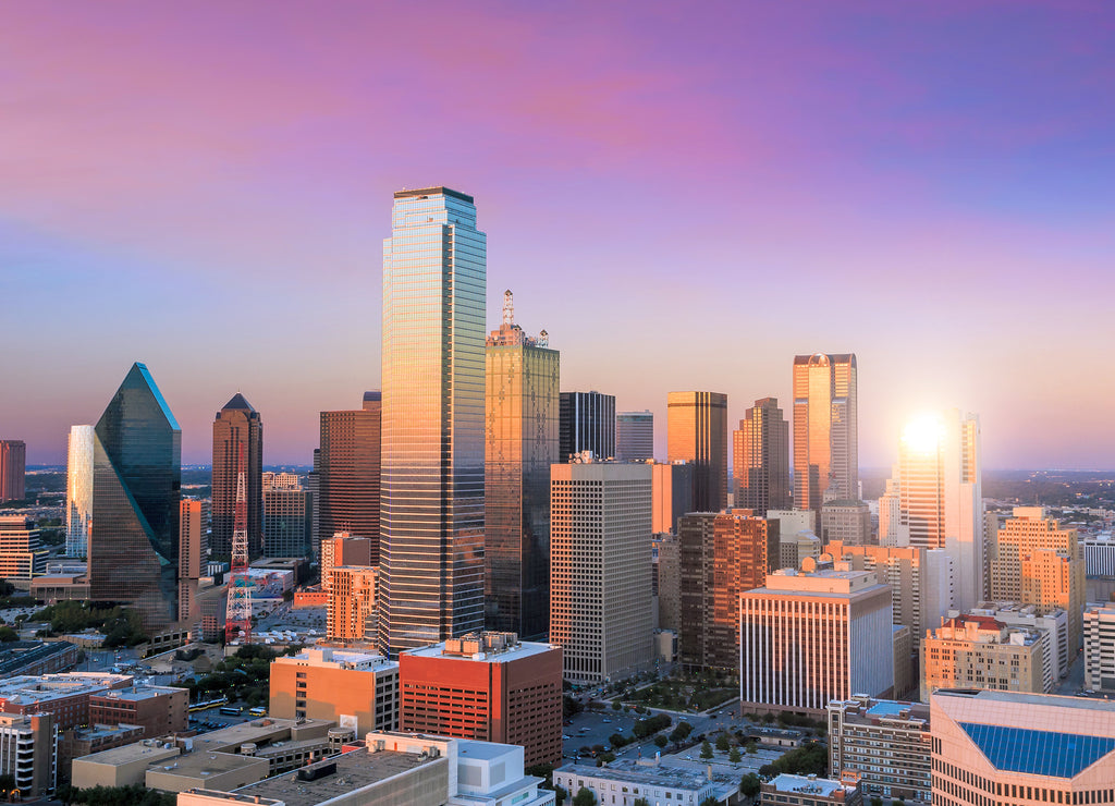 Dallas, Texas cityscape with blue sky at sunset