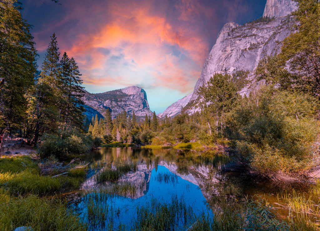 Reflections in the water of the Yosemite Mountains at Mirror Lake at sunset, Yosemite. California, United States