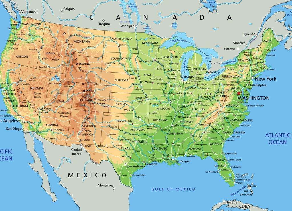 High detailed United States of America physical map with labeling