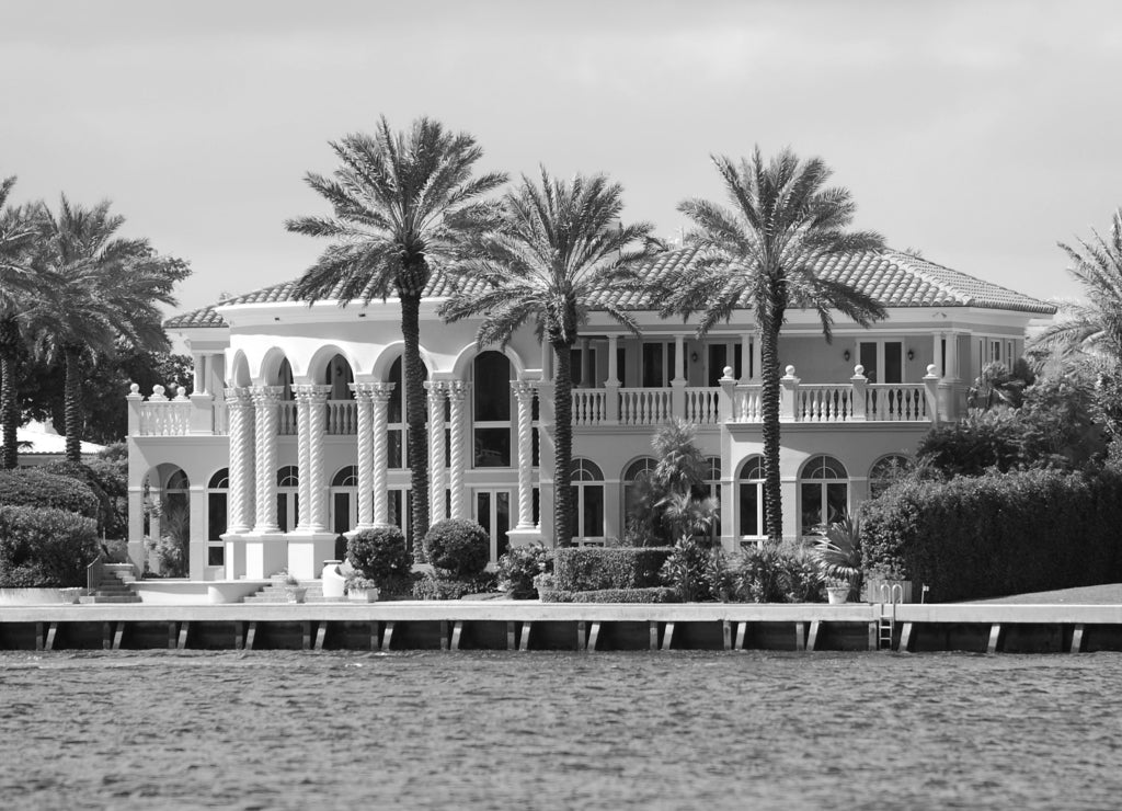 Wealthy waterfront residential community in Florida in black white