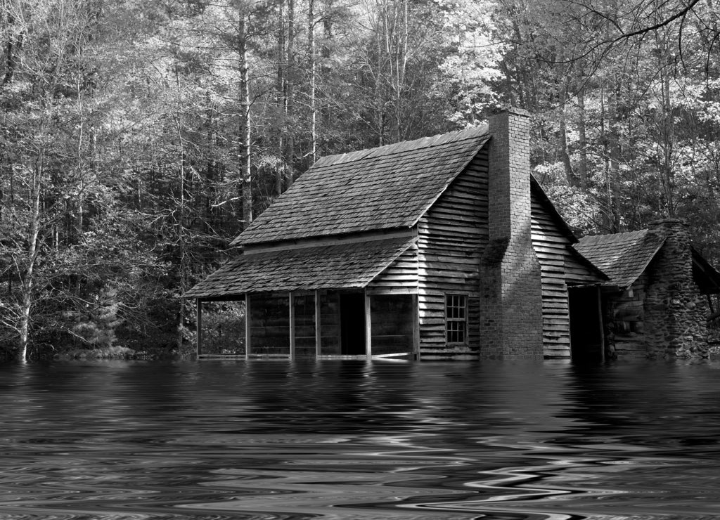 Flooded House in Iowa USA in black white