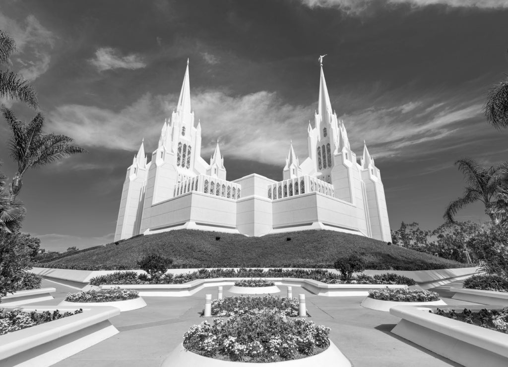 San Diego, California at San Diego California Mormon Temple in black white