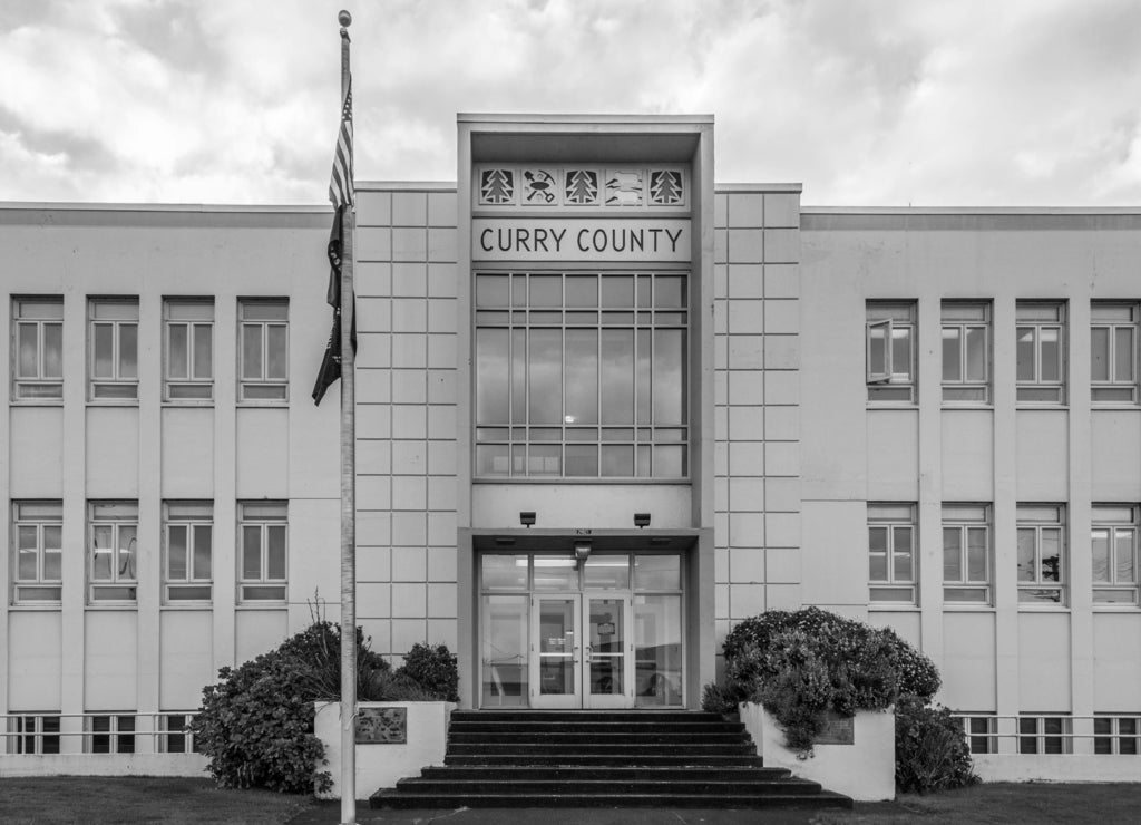 The Curry County courthouse in Gold Beach Oregon in black white