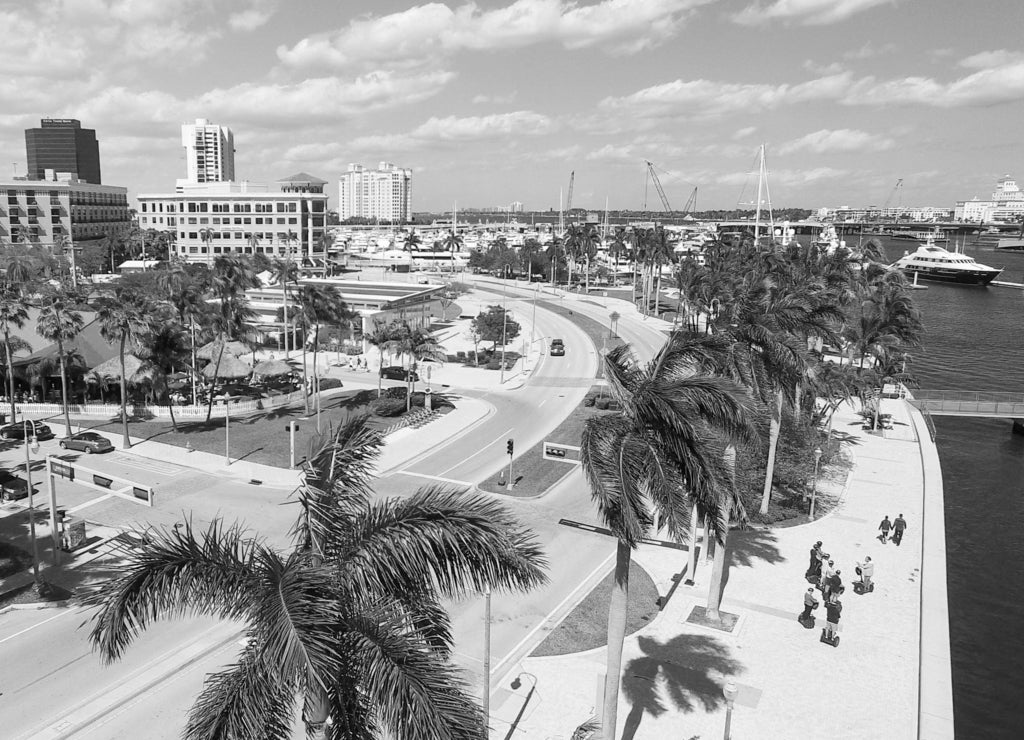 Aerial view of West Palm Beach, Florida in black white