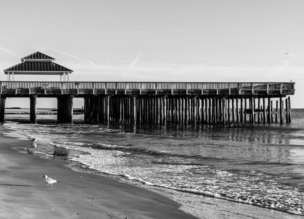 Viewing pier and gazebo at Buckroe Beach in Hampton, Virginia in black white