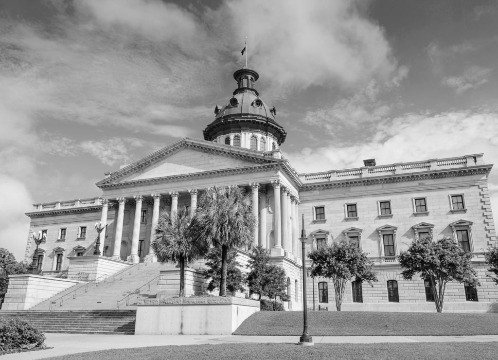 Columbia, South Carolina, State Capitol in black white
