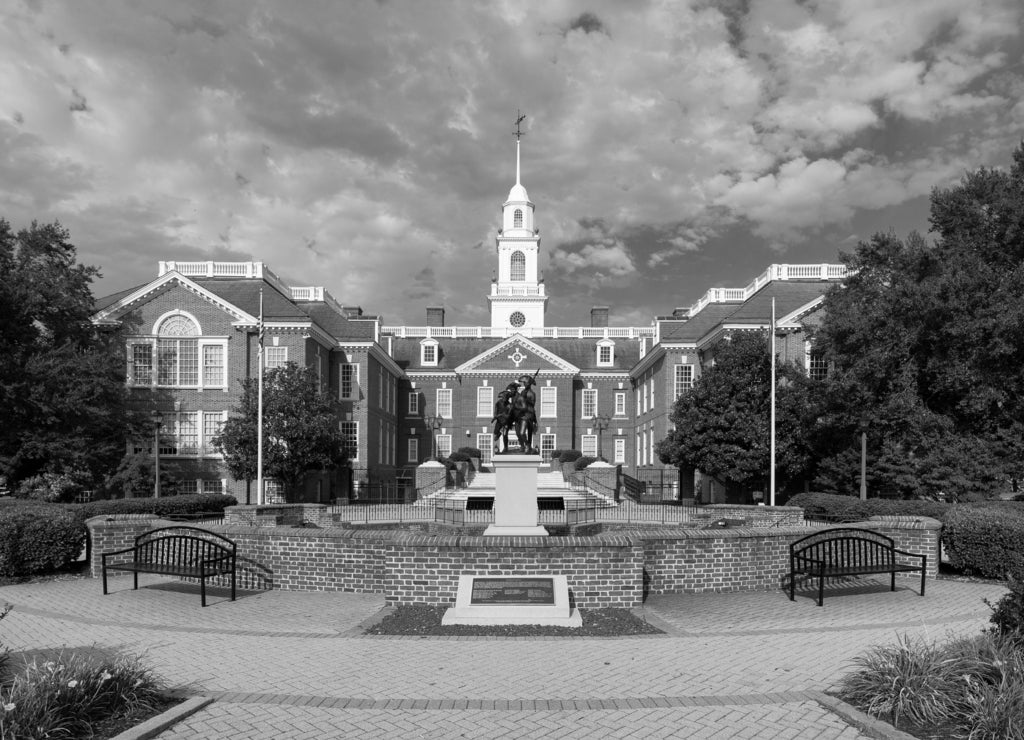 Legislative Hall in Dover, Delaware in black white