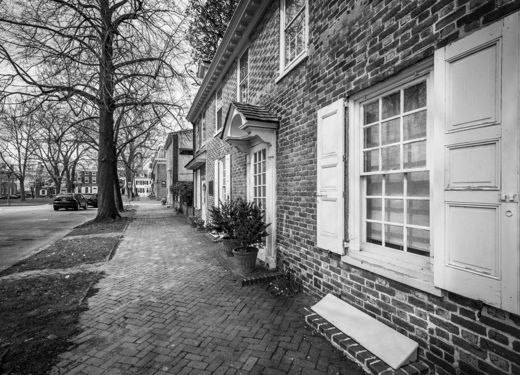 Historic brick house in Dover, Delaware in black white