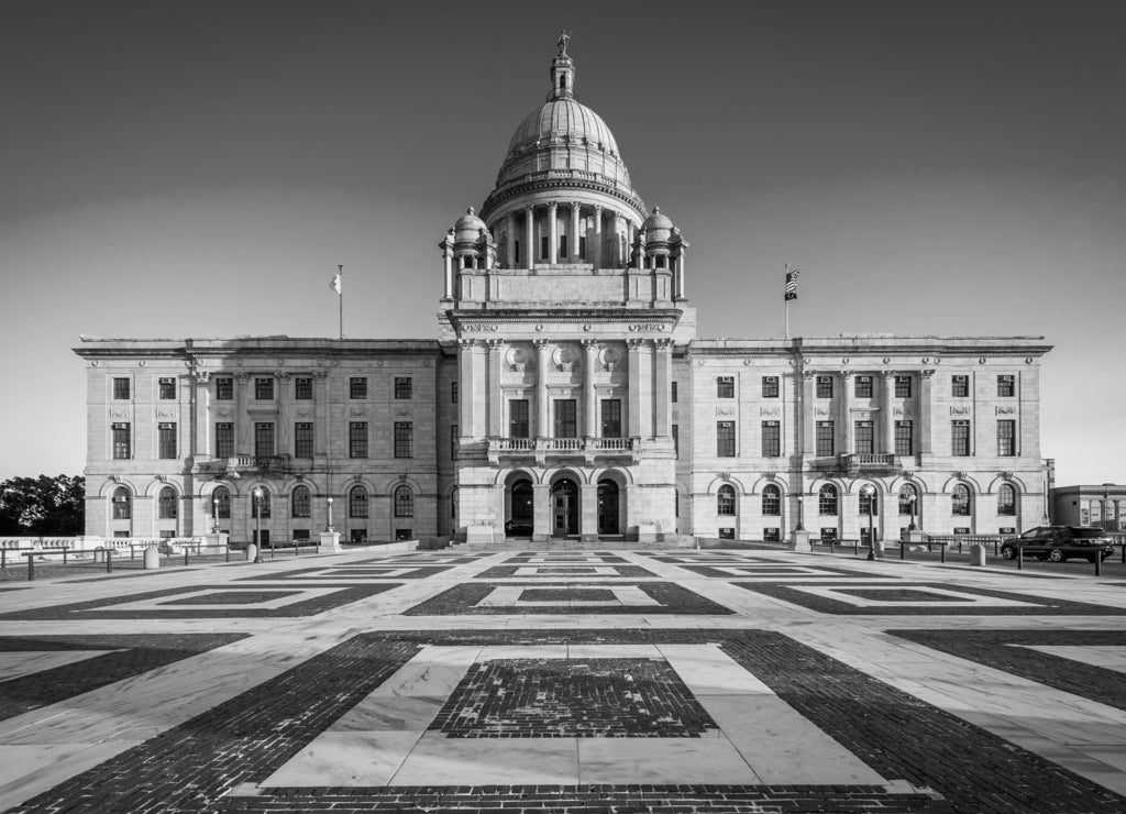 The Rhode Island State House, in Providence, Rhode Island in black white