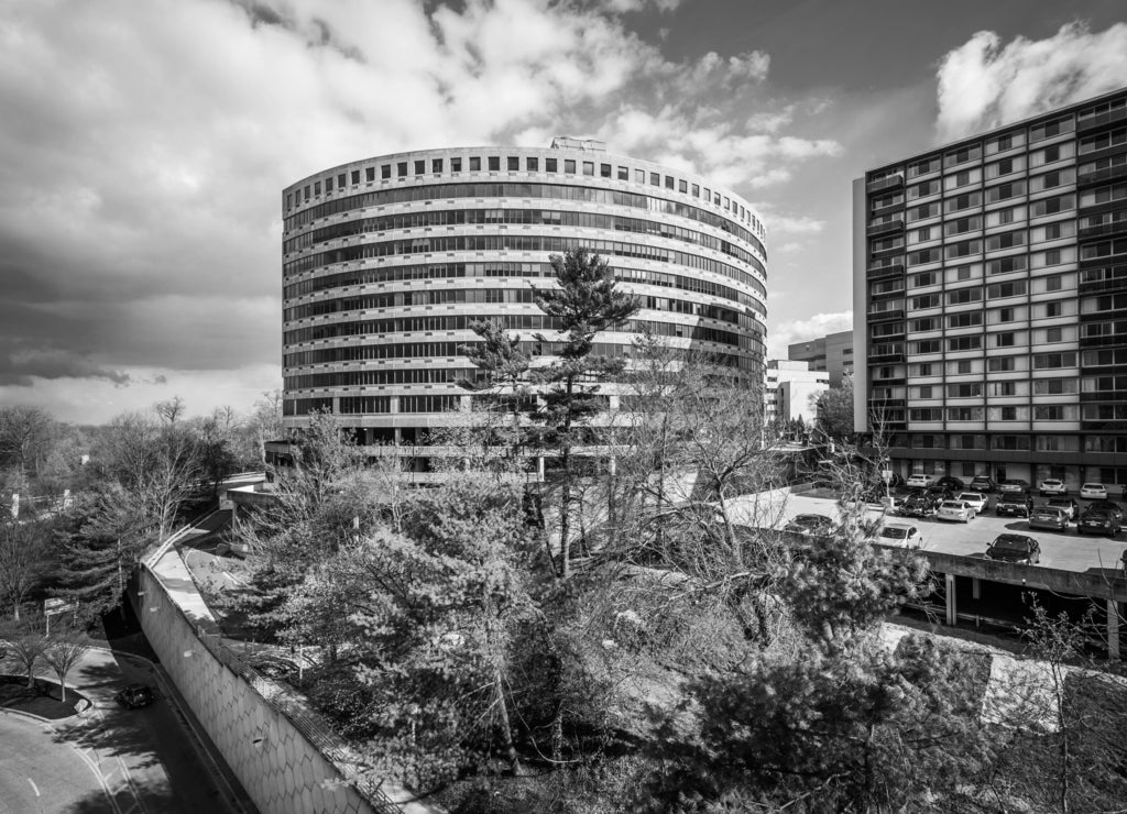 View of buildings in Towson, Maryland in black white