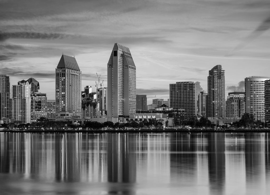 San Diego, California Skyline in black white