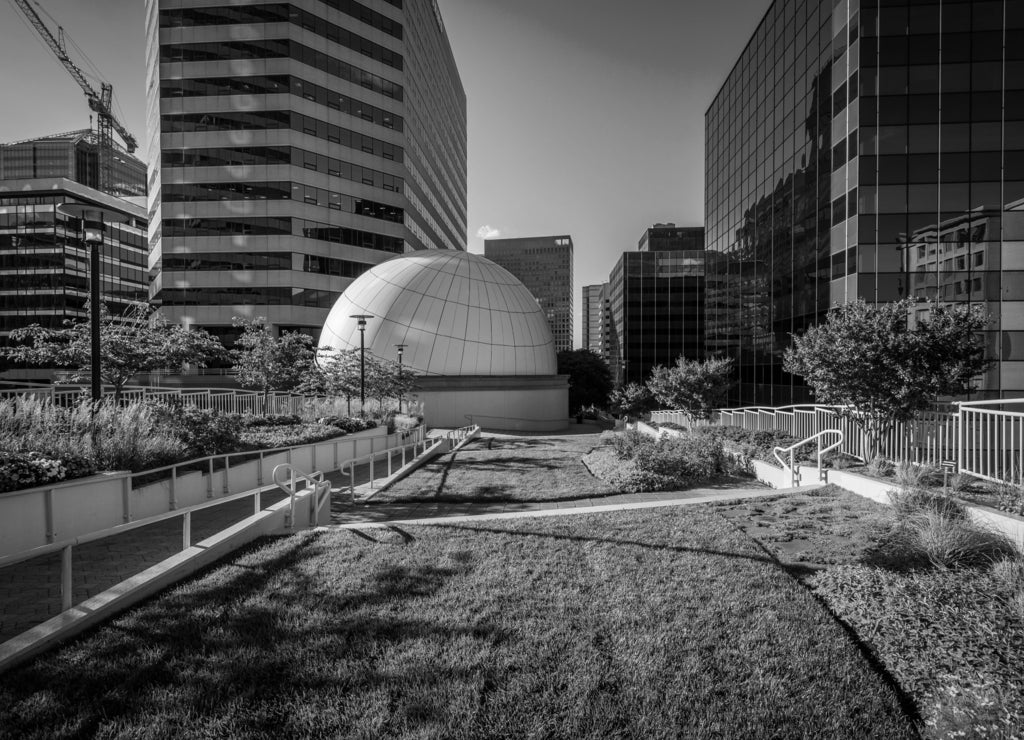 Freedom Park and modern buildings in Rosslyn, Arlington, Virginia in black white