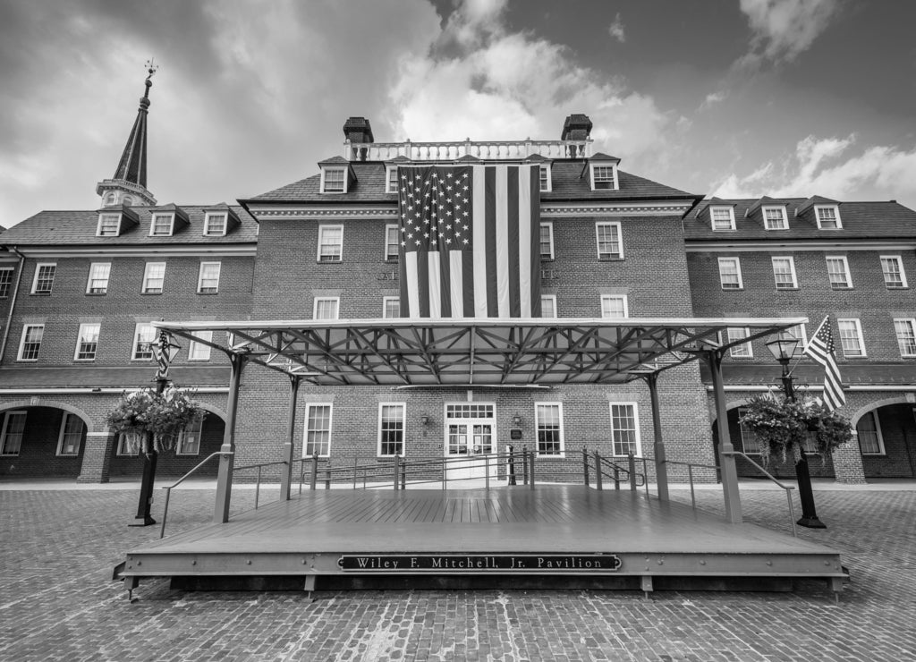 City Hall and Market Square, in the Old Town, of Alexandria, Virginia in black white