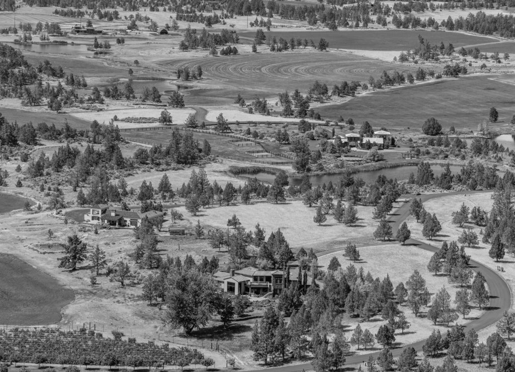Colorful valley. Countryside. View from above. Smith Rock state park, Oregon in black white