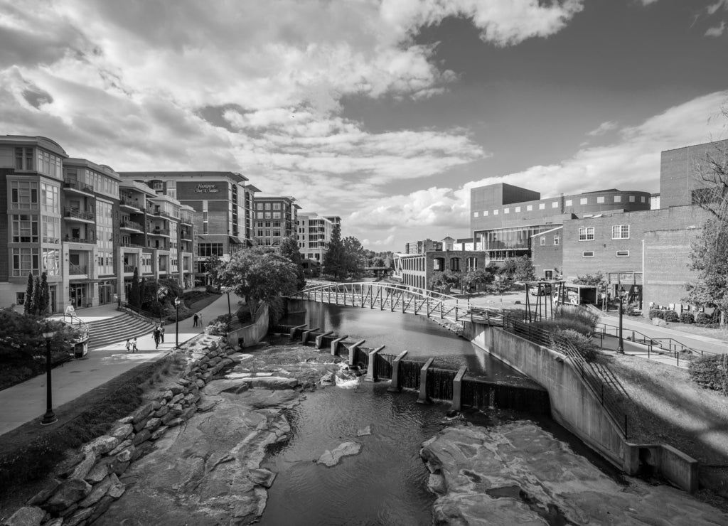 View of the Reedy River, in downtown Greenville, South Carolina in black white