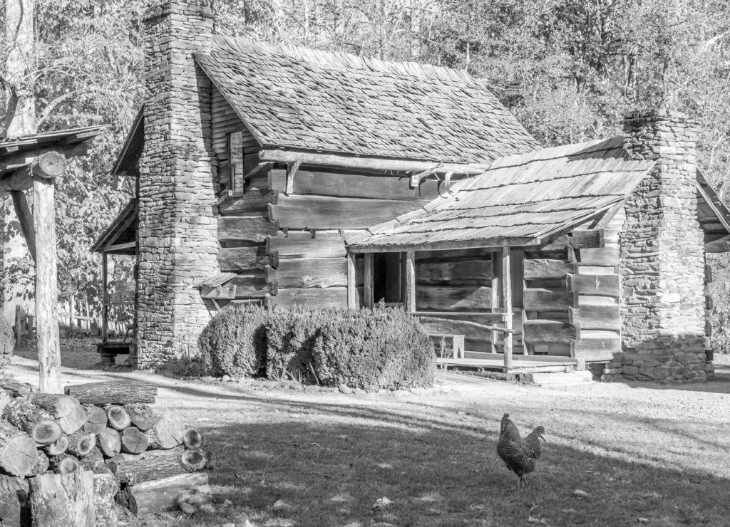 Historical Smoky Mountain Farm House and Firewood Hut Operated by the U. S. National Park Service North Carolina in black white