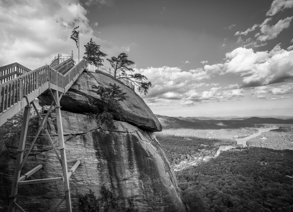 Chimney Rock and view of Lake Lure, at Chimney Rock State Park North Carolina in black white