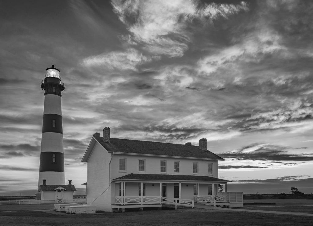 Scenic sunrise, Bodie Lighthouse, Outer Banks North Carolina in black white
