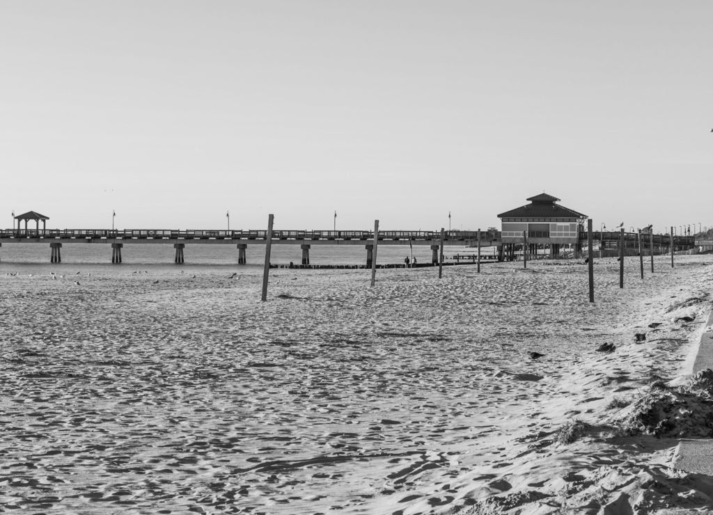 Empty beach in the early morning at Buckroe Beach in Hampton, Virginia in black white