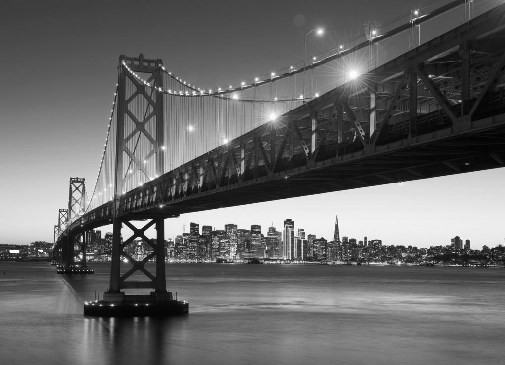 Bay Bridge and San Francisco downtown skyline, California USA in black white