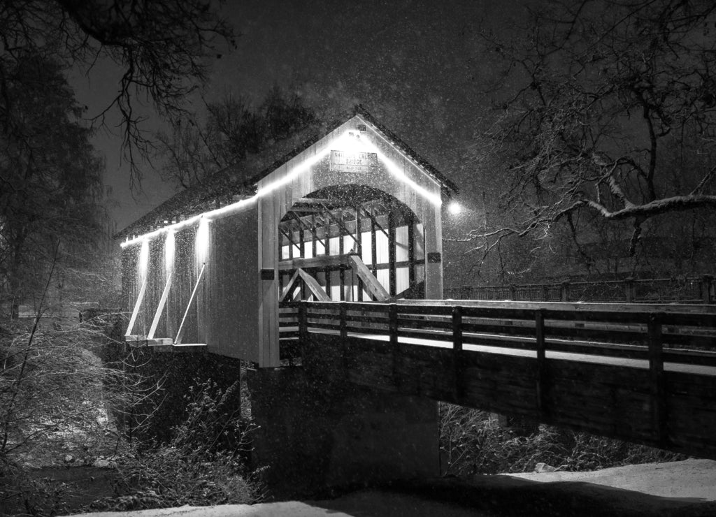 Snowy Bridge Winter Evening | Eagle Point, Southern Oregon in black white