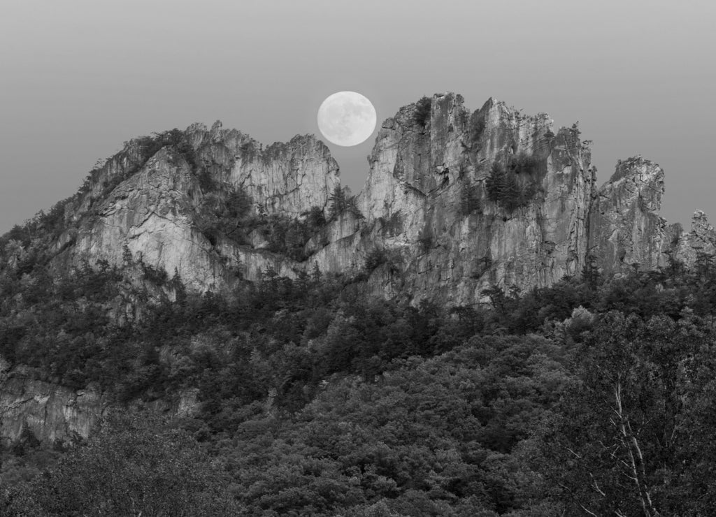 Supermoon over Seneca Rocks in West Virginia in black white