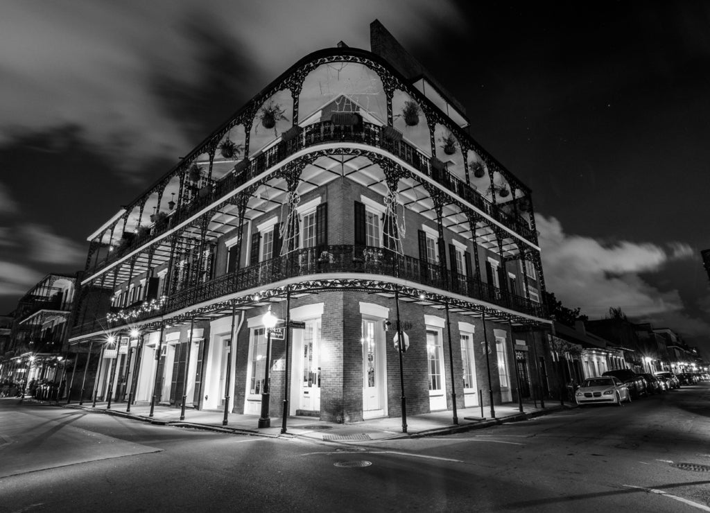 Downtown French Quarters New Orleans, Louisiana at Night in black white