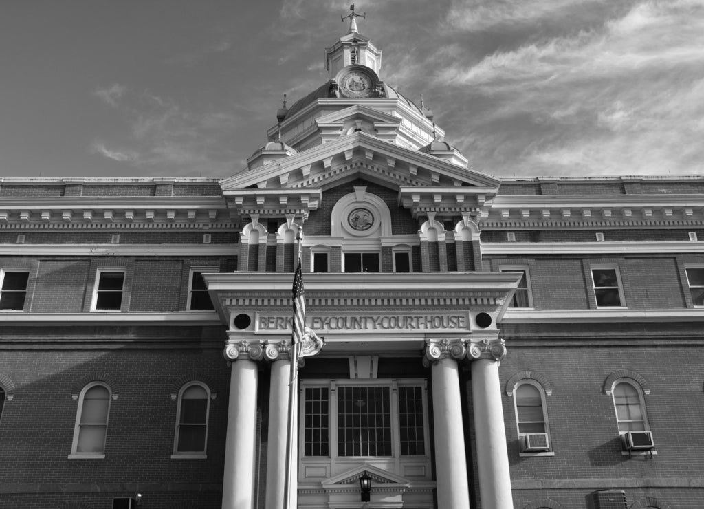 Berkeley County Courthouse in Martinsburg, West Virginia in black white