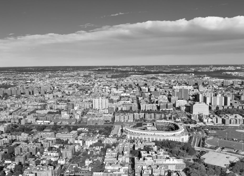 Aerial view of the Bronx, New York in black white