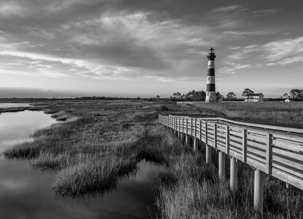 Scenic lighthouse, Outer Banks, North Carolina in black white