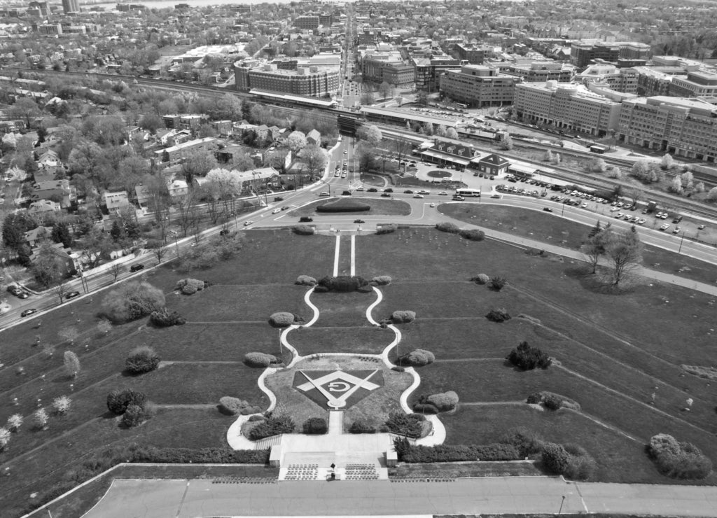View from Washington Masonic National Memorial in Alexandria, Virginia in black white