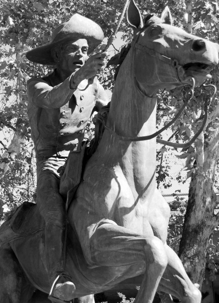 Sacramento California Western terminis Pony Express statue in black white