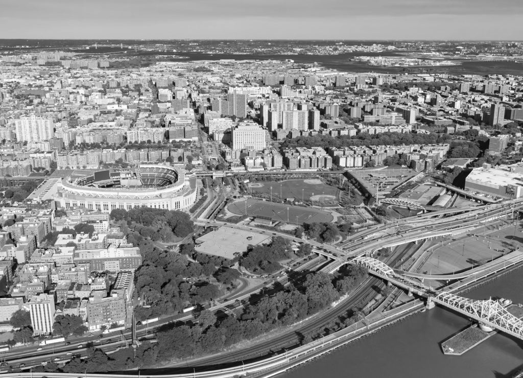 Aerial view of the Bronx, New York in black white