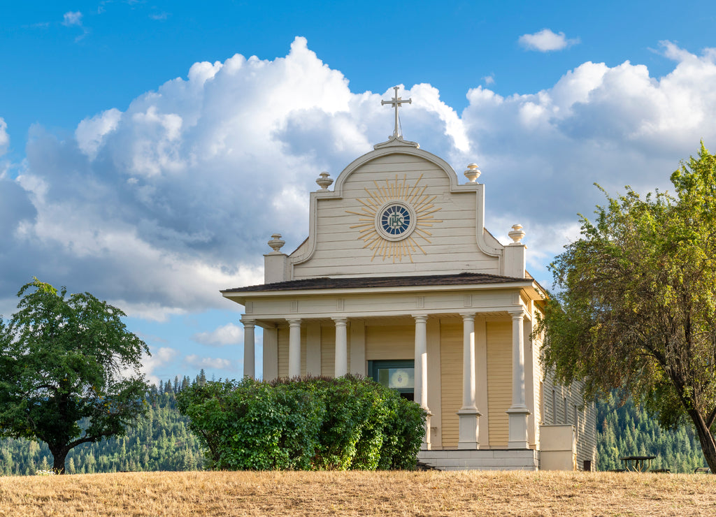 The Old Mission State Park in North Idaho, USA, preserving the Mission of the Sacred Heart, or Cataldo Mission historic Church and Parish House