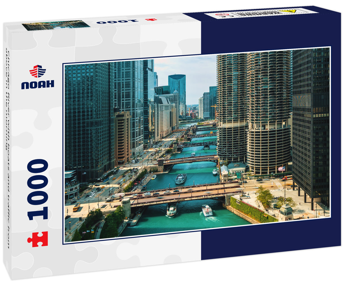 Chicago River with boats and traffic from above in the morning