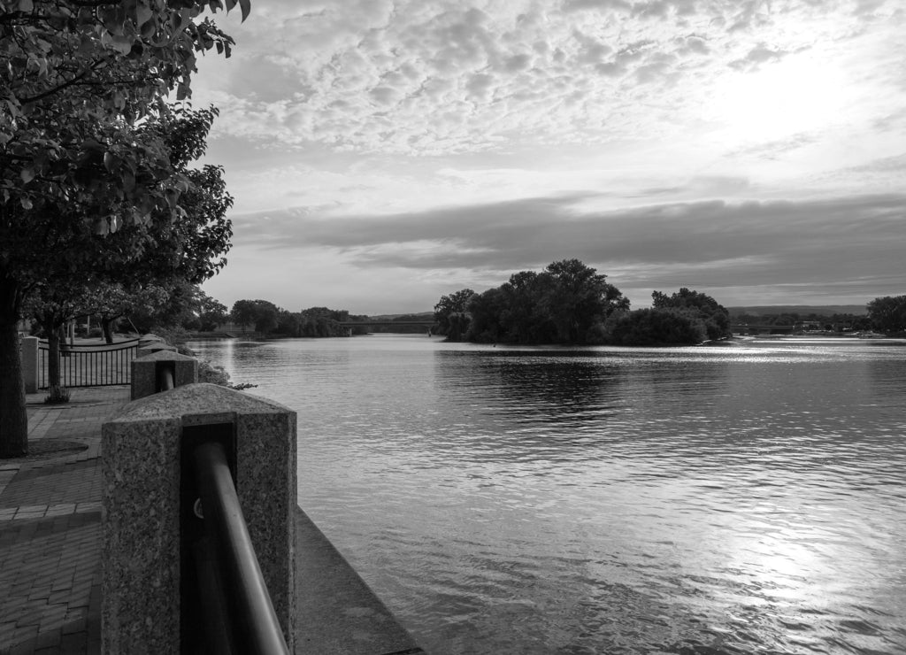 View of the Mohawk River in Schenectady New York in black white