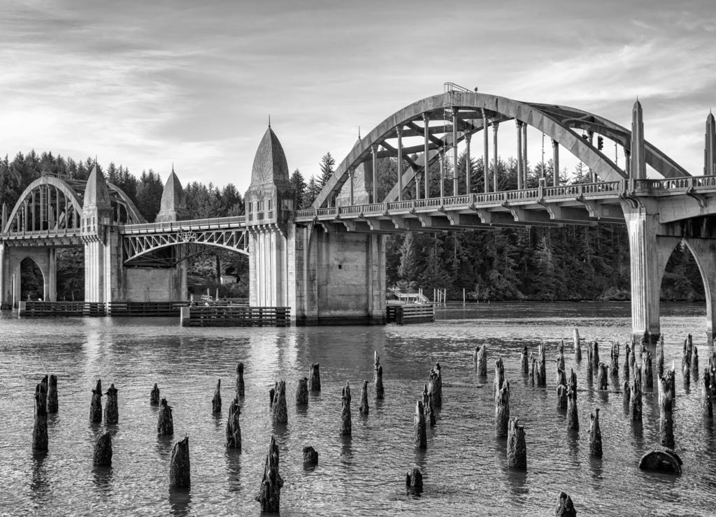 Siuslaw River Bridge from the Florence Marin withold wooden piles on foreground, Oregon USA in black white