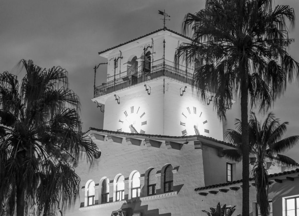 bell tower at dusk, Santa Barbara County Court House, Santa Barbara, California in black white