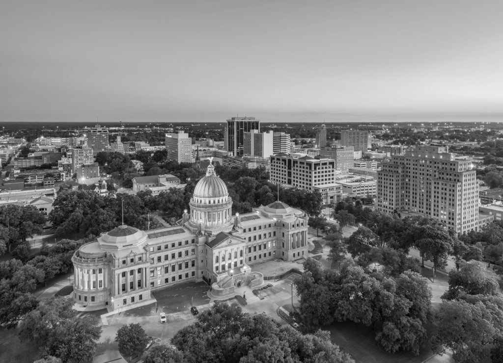 Jackson, Mississippi, USA downtown skyline over the capitol in black white