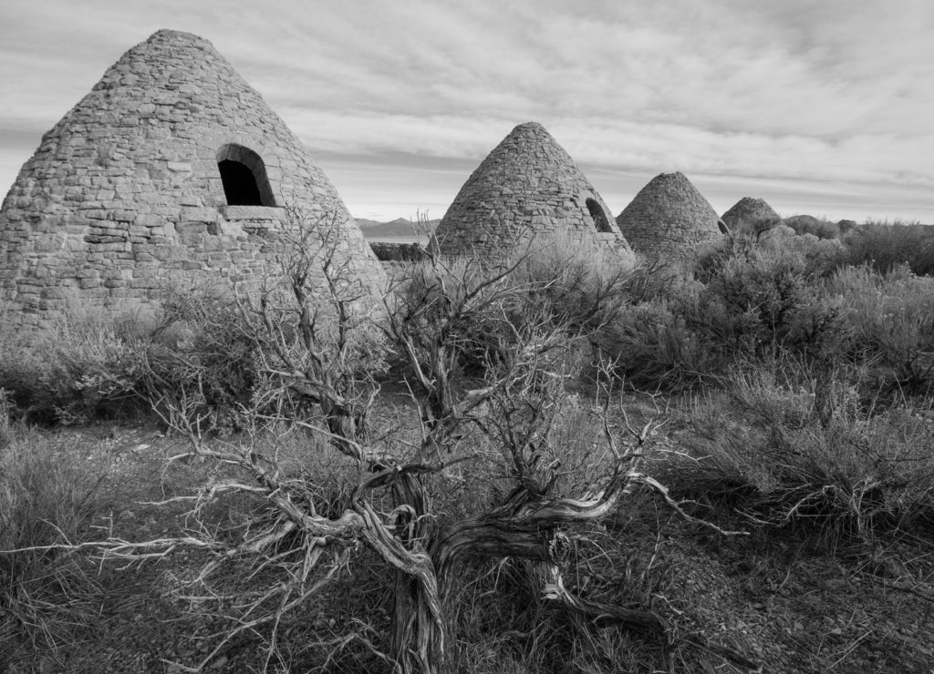 Ward charcoal ovens in ward mining district ghost town near Ely Nevada in black white