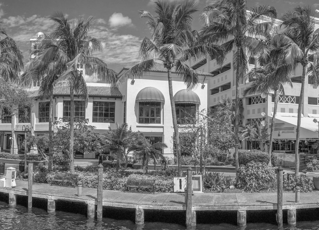Beautiful river walk promenade, Fort Lauderdale, Florida in black white