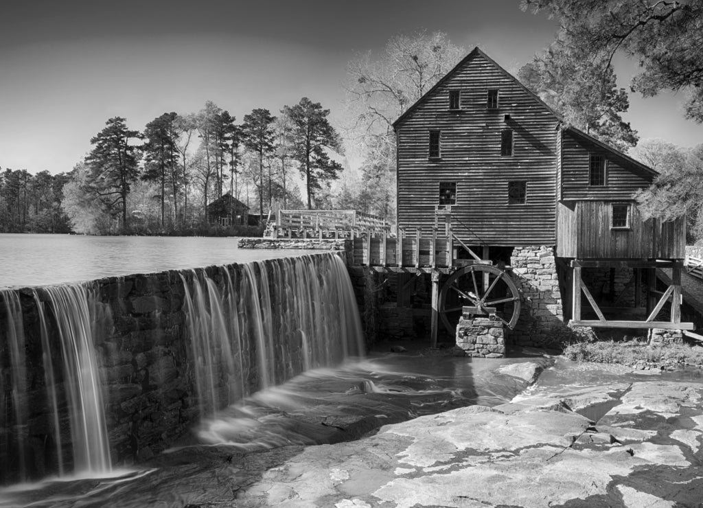 Historic Yates Water Mill North Carolina in black white