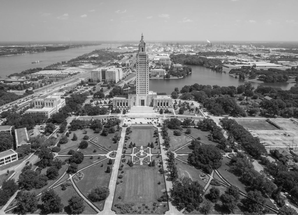 Aerial drone photo State Capitol Park Baton Rouge Louisiana in black white