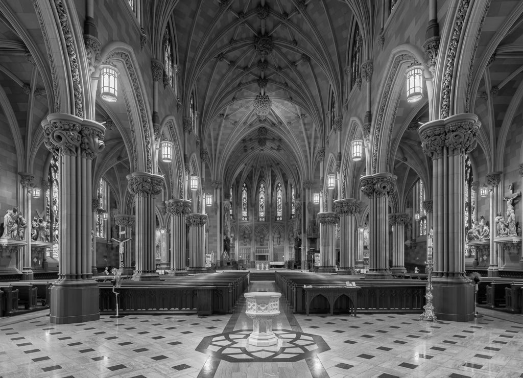 Panorama of the interior of the historic Cathedral of the Immaculate Conception in Albany, New York in black white