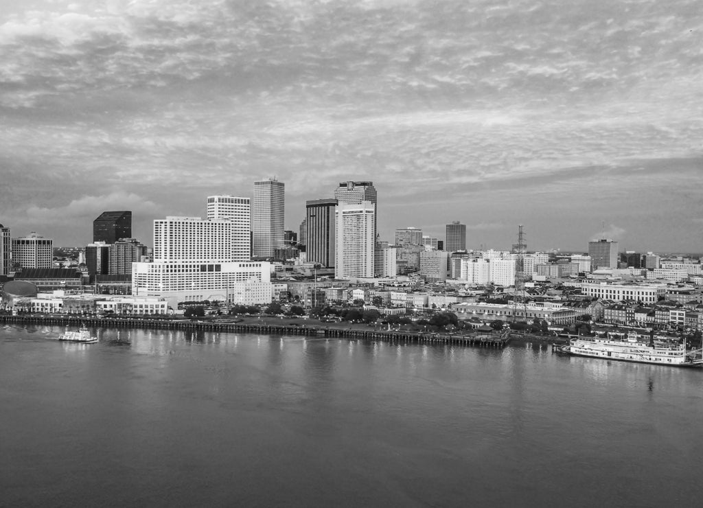 Downtown New Orleans, Louisiana, USA Skyline Aerial in black white