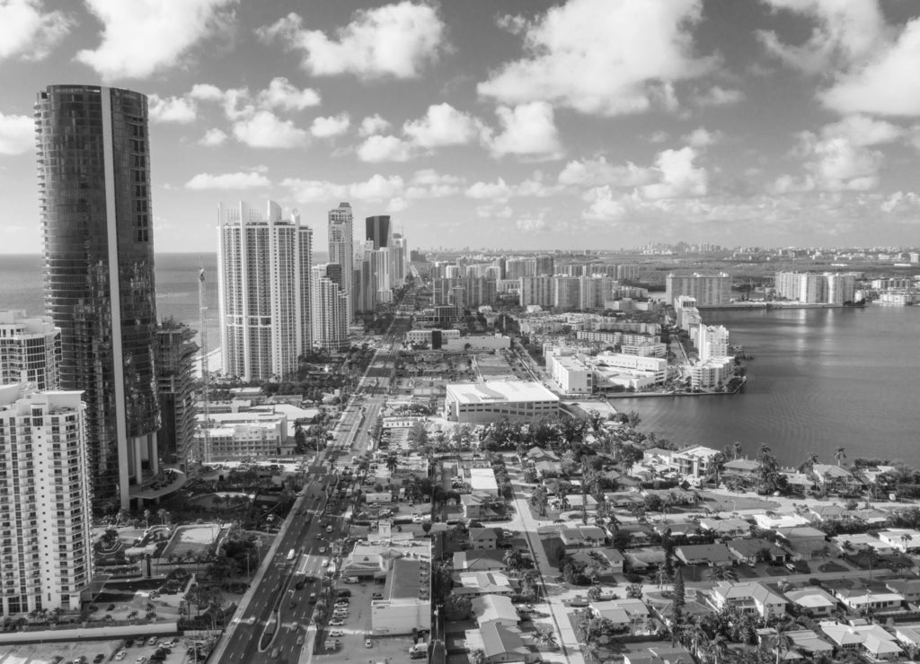 Aerial photography Miami Dade Sunny Isles Beach Florida in black white